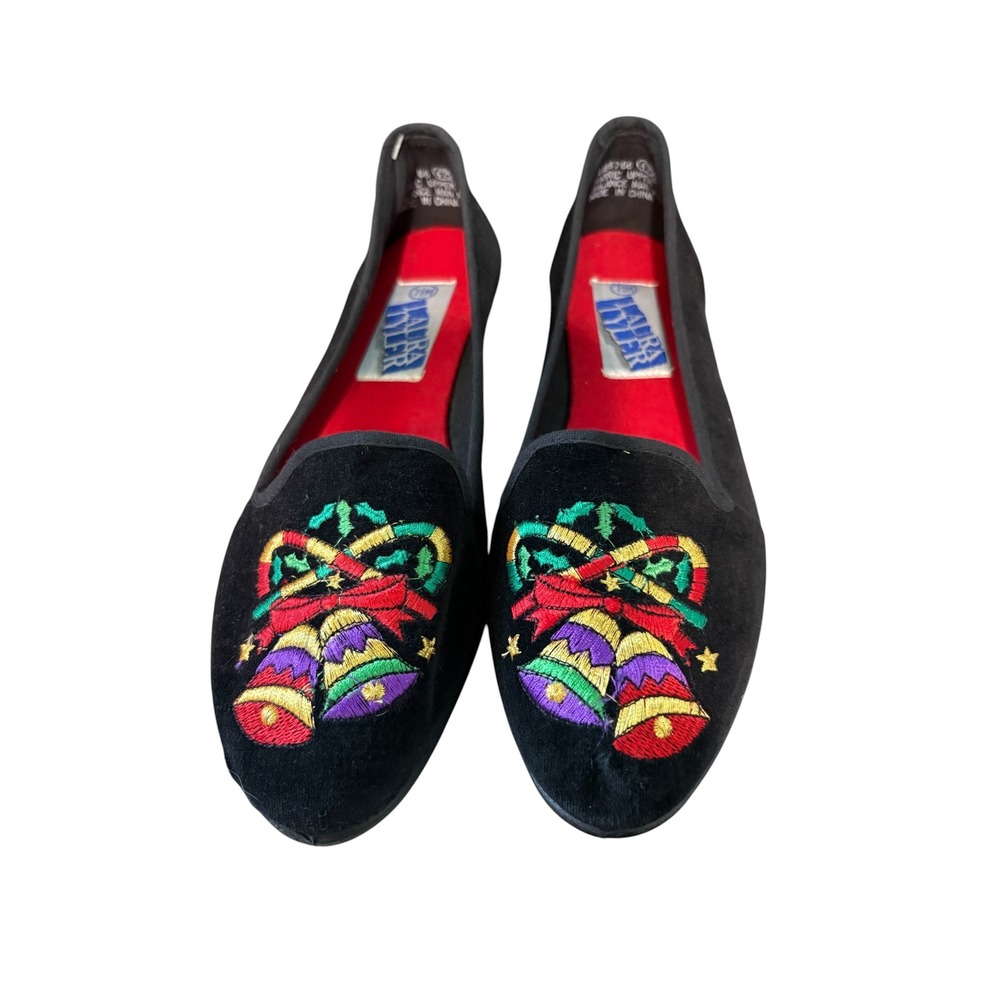 Christmas Shoe Bell Flat Women 7.5 Black Embroidered Holiday NEW Laura Tyler Y2K